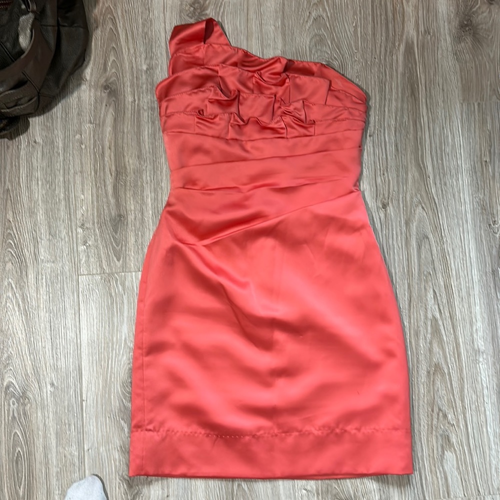Satin peach wedding guest dress